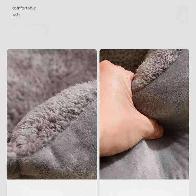 Deux gros plans du panier gris montrant la texture de la peluche et une main pressant le rebord rembourré.