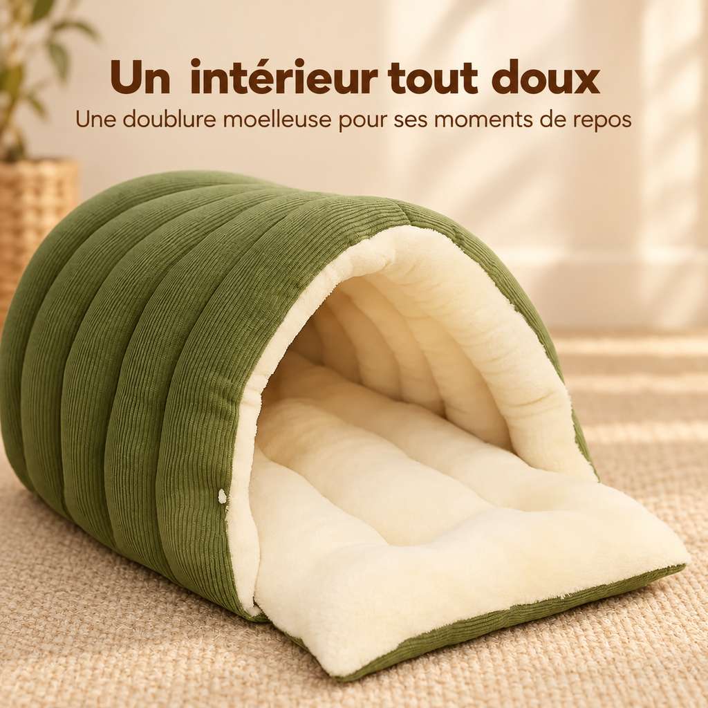 Doublure moelleuse crème de la maison verte pour chat, rabat ouvert