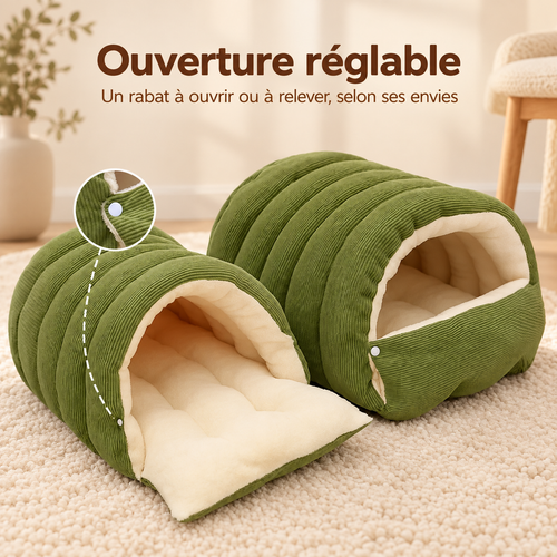 Maison verte pour chat : rabat ouvert et relevé, détail du bouton-pression