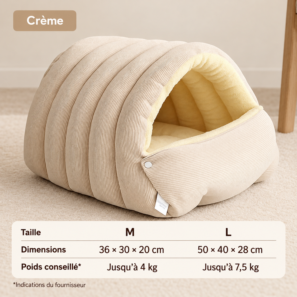 Maison crème : tableau des dimensions et poids conseillés par le fournisseur