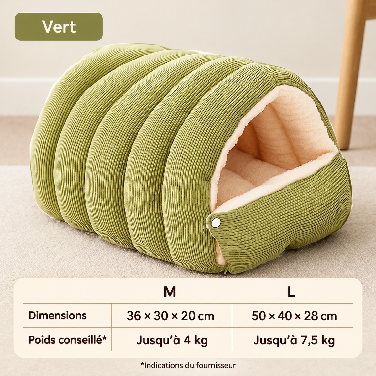 Maison verte : tableau des dimensions et poids conseillés par le fournisseur